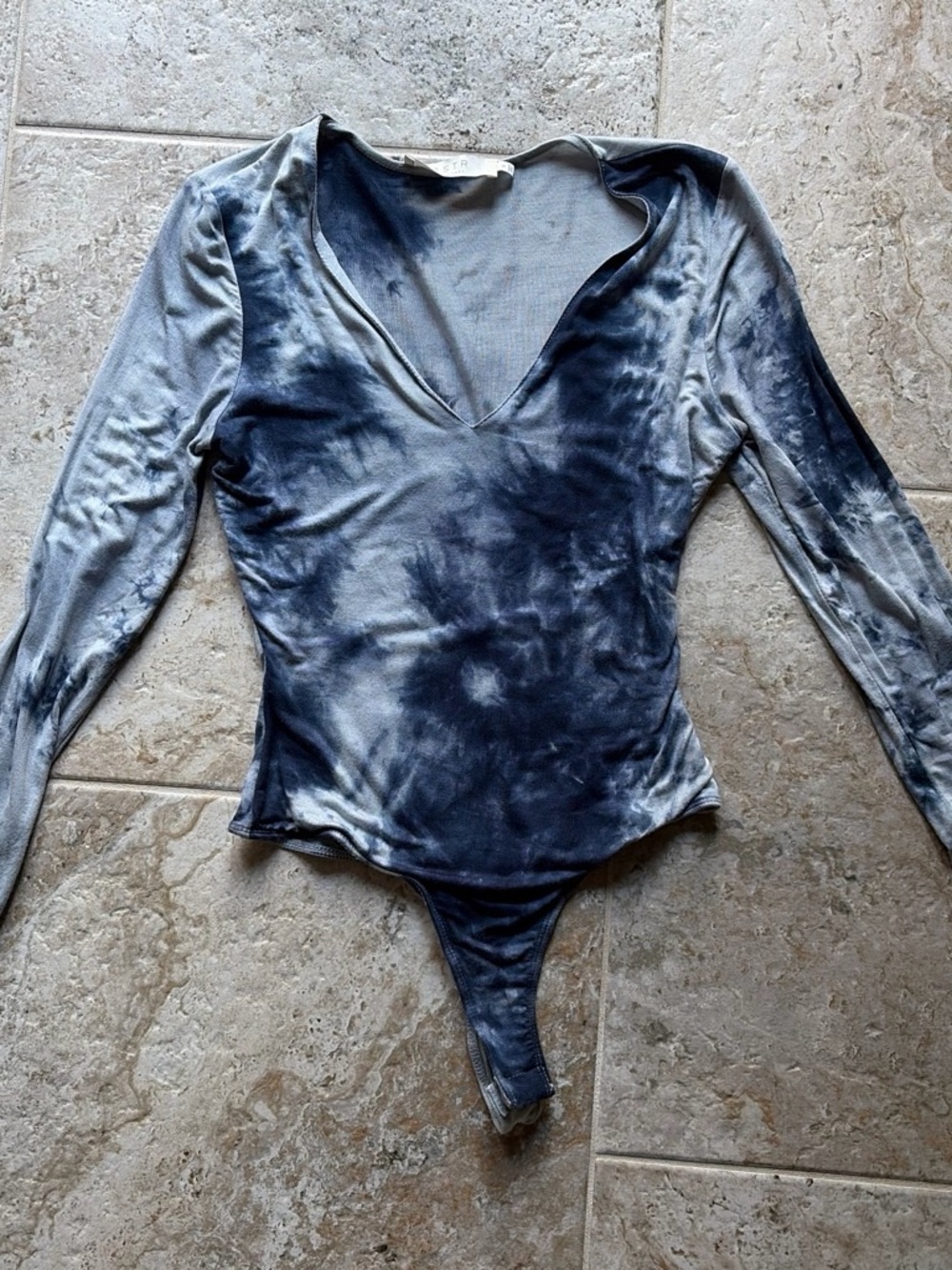 Astr Tie-Dye Navy Blue V-Neck Long Sleeve Bodysuit
